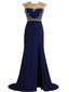 Royal Blue Gold Beaded Side Slit Mermaid Long Evening Prom Dresses, 17677