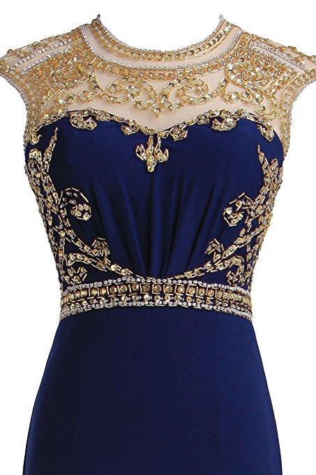 Royal Blue Gold Beaded Side Slit Mermaid Long Evening Prom Dresses, 17677