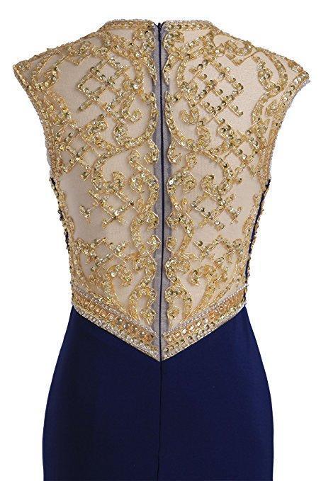 Royal Blue Gold Beaded Side Slit Mermaid Long Evening Prom Dresses, 17677