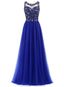 Royal Blue Lace Beaded See Through Chiffon Long Evening Prom Dresses, 17530