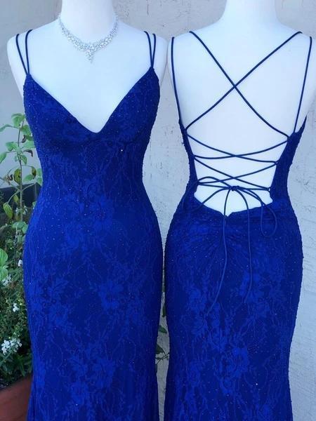 Royal Blue Lace Mermaid Long Evening Prom Dresses, Evening Party Prom Dresses, 12276