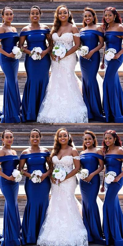 Royal Blue Mermaid Off Shoulder Long Bridesmaid Dresses Online,WG998