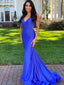 Royal Blue Mermaid Spaghetti Straps V-neck Backless Long Prom Dresses Online,12439