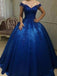 Royal Blue Off Shoulder Lace A line Long Evening Prom Dresses, 17469