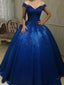 Royal Blue Off Shoulder Lace A line Long Evening Prom Dresses, 17469