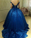 Royal Blue Off Shoulder Lace A line Long Evening Prom Dresses, 17469