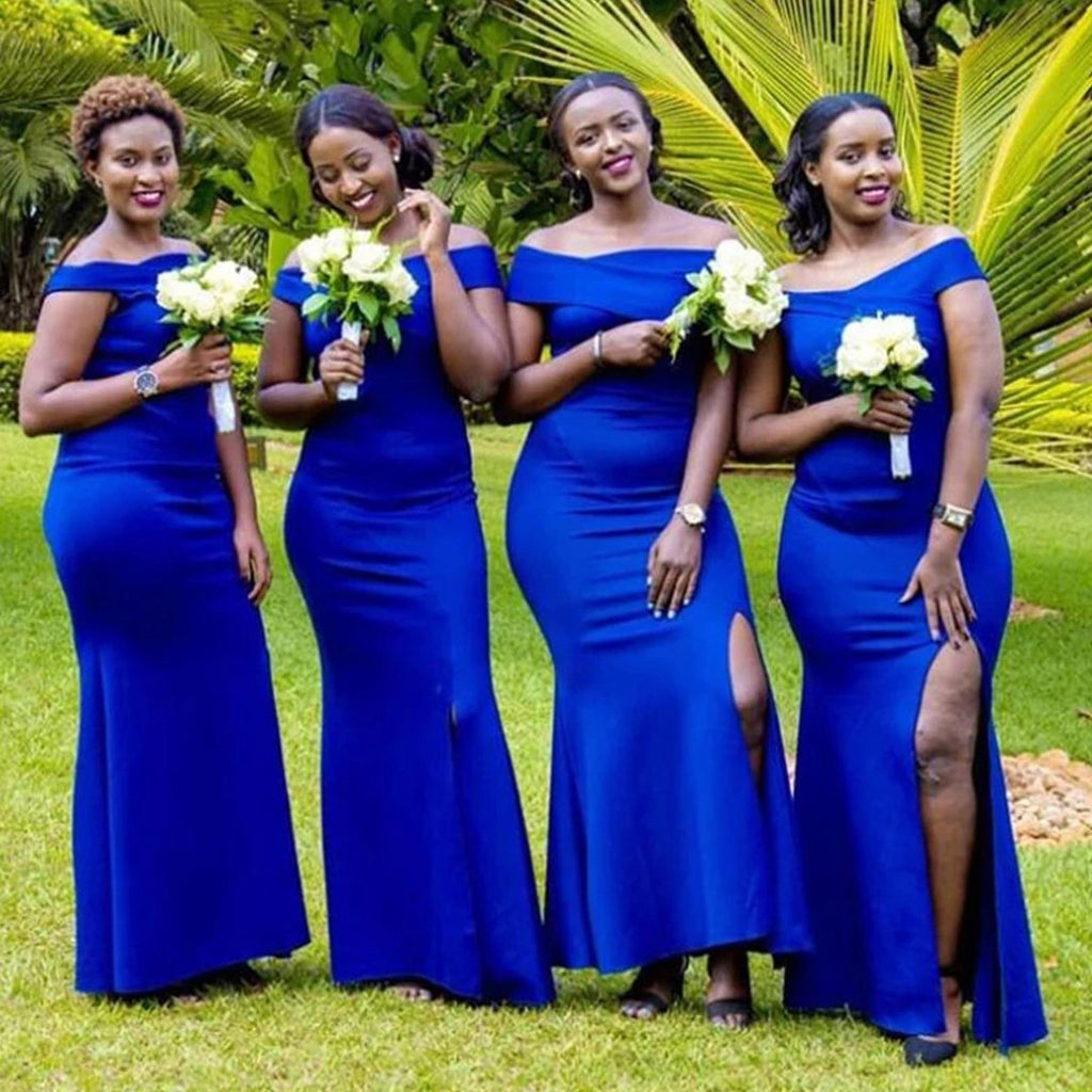 Royal Blue Off Shoulder Mermaid High Slit Long Bridesmaid Dresses Gown Online,WG924