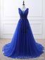 Royal Blue V Neck Lace Beaded Applique Long Evening Prom Dresses, Cheap Sweet 16 Dresses, 18426