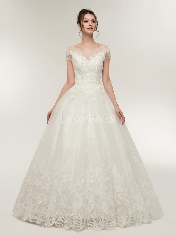 Scoop Cap Sleeves Lace A-line Cheap Wedding Dresses Online, Unique Bridal Dresses, WD570