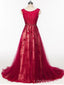 Scoop Cap Sleeves Red Lace Beaded Long Evening Prom Dresses, Cheap Custom Sweet 16 Dresses, 18524