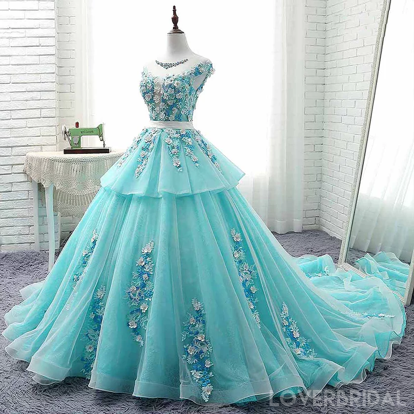 Scoop Cap Sleeves Tiffany Blue Lace Long Evening Prom Dresses, Cheap Custom Sweet 16 Dresses, 18522
