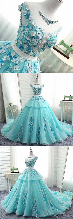 Scoop Cap Sleeves Tiffany Blue Lace Long Evening Prom Dresses, Cheap Custom Sweet 16 Dresses, 18522