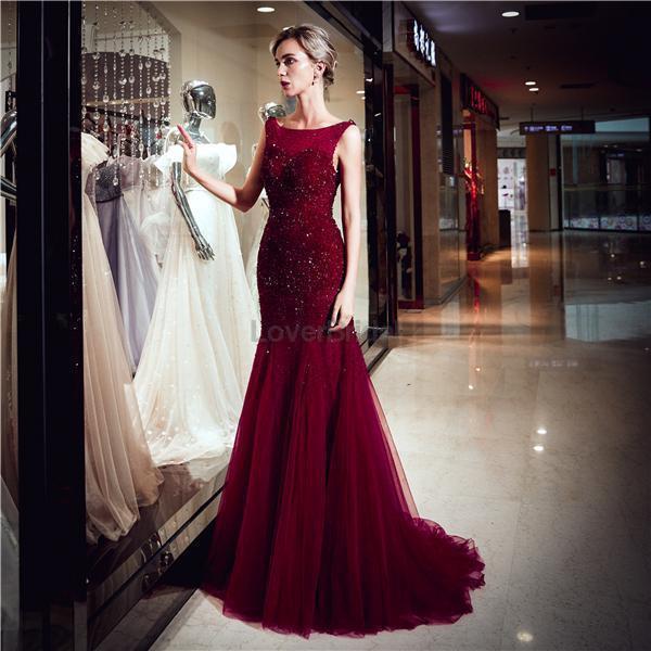 Scoop Dark Red Beaded Mermaid Evening Prom Dresses, Evening Party Prom Dresses, 12062