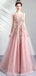 Scoop Lace Beaded Pink Long Evening Prom Dresses, Evening Party Prom Dresses, 12286