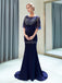 Scoop Navy Beaded 1/2 Long Sleeves Mermaid Evening Prom Dresses, Evening Party Prom Dresses, 12029