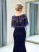 Scoop Navy Beaded 1/2 Long Sleeves Mermaid Evening Prom Dresses, Evening Party Prom Dresses, 12029