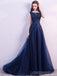 Scoop Navy Lace Beaded Long Evening Prom Dresses, Cheap Custom Sweet 16 Dresses, 18525