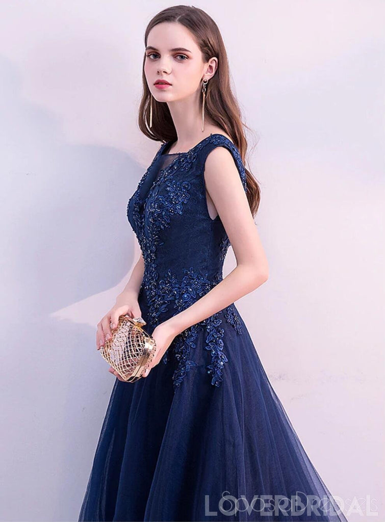 Scoop Navy Lace Beaded Long Evening Prom Dresses, Cheap Custom Sweet 16 Dresses, 18525