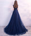 Scoop Navy Lace Beaded Long Evening Prom Dresses, Cheap Custom Sweet 16 Dresses, 18525