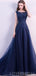 Scoop Navy Lace Beaded Long Evening Prom Dresses, Cheap Custom Sweet 16 Dresses, 18525