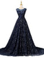 Scoop Navy Star Sequin Cheap Long Evening Prom Dresses, Cheap Custom Sweet 16 Dresses, 18536