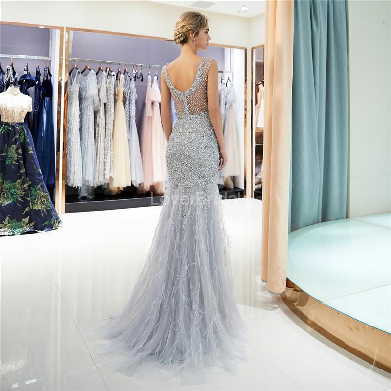 Scoop See Through Grey Rhinestone Beaded Mermaid Evening Prom Dresses, Evening Party Prom Dresses, 12041