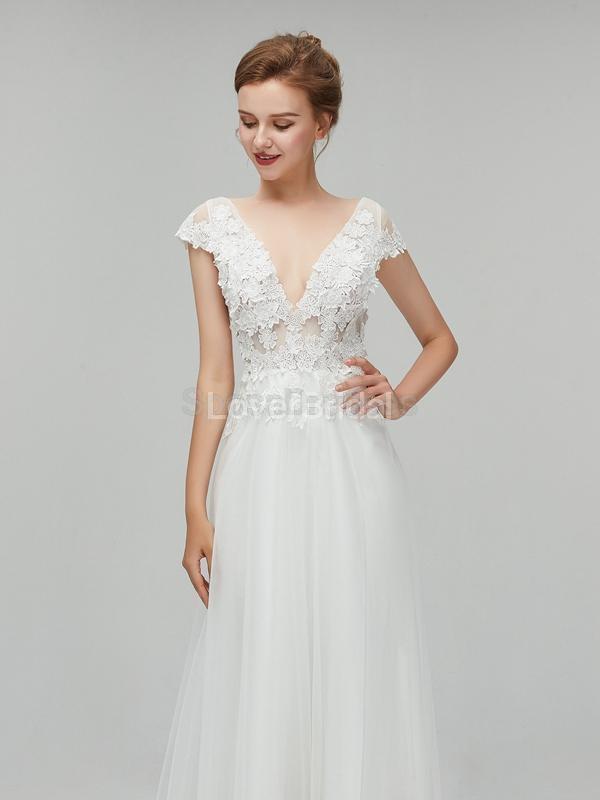 See Through Backless Cap Sleeves Cheap Wedding Dresses Online, Unique Bridal Dresses, WD562
