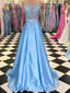 See Through Backless Halter Blue A-line Sparkly Tulle Long Evening Prom Dresses, 17563