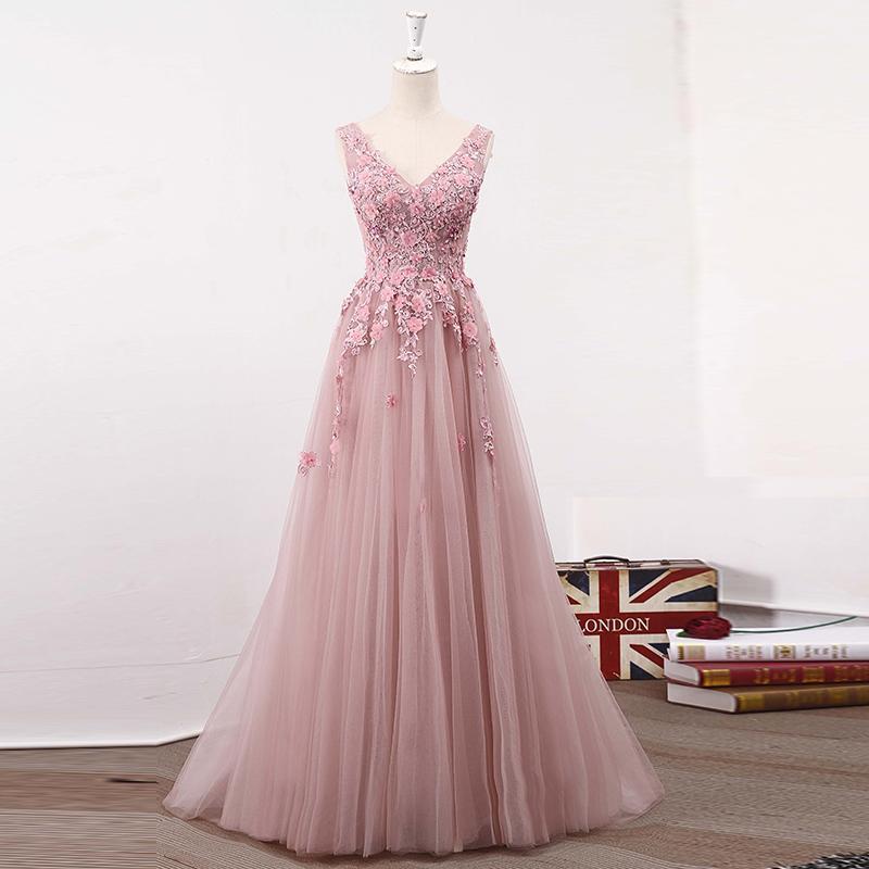 See Through Blush Pink Lace A line Long Evening Prom Dresses, Popular Cheap Long 2022 Party Prom Dresses, 17282