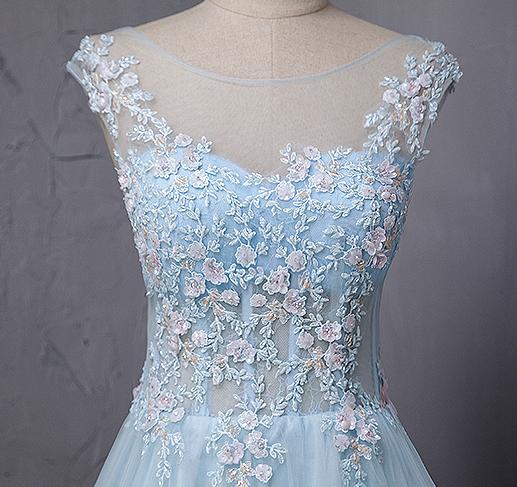 See Through Cap Sleeve Light A-line Long Evening Prom Dresses, 17623