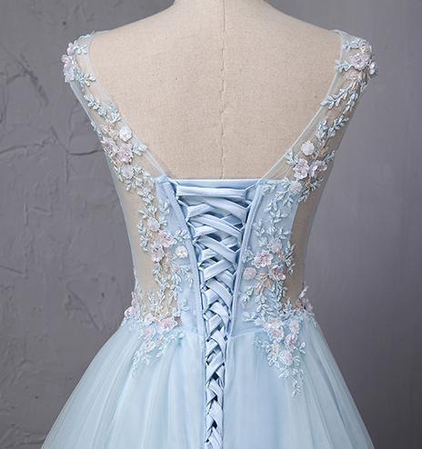 See Through Cap Sleeve Light A-line Long Evening Prom Dresses, 17623