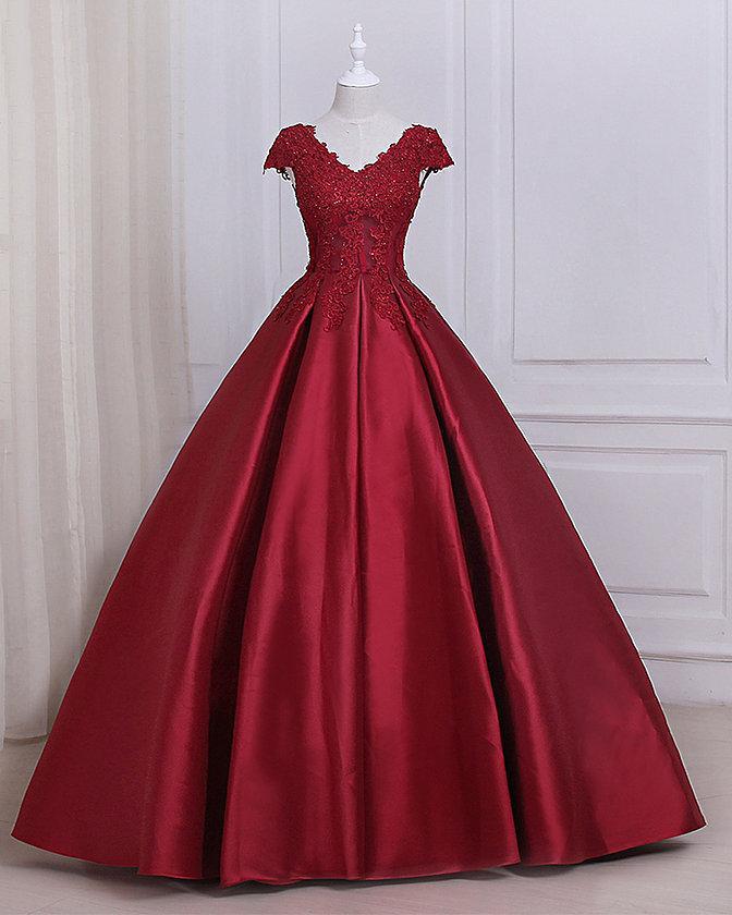 See Through Cap Sleeves Red Lace A line Long Evening Prom Dresses, 17557