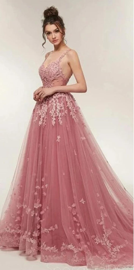 See Through Dusty Pink Lace A-line Long Evening Prom Dresses, Cheap Sweet 16 Dresses, 18354
