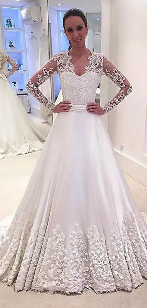 See Through Lace Long Sleeves A-line Wedding Dresses Online, Cheap Lace Bridal Dresses, WD451