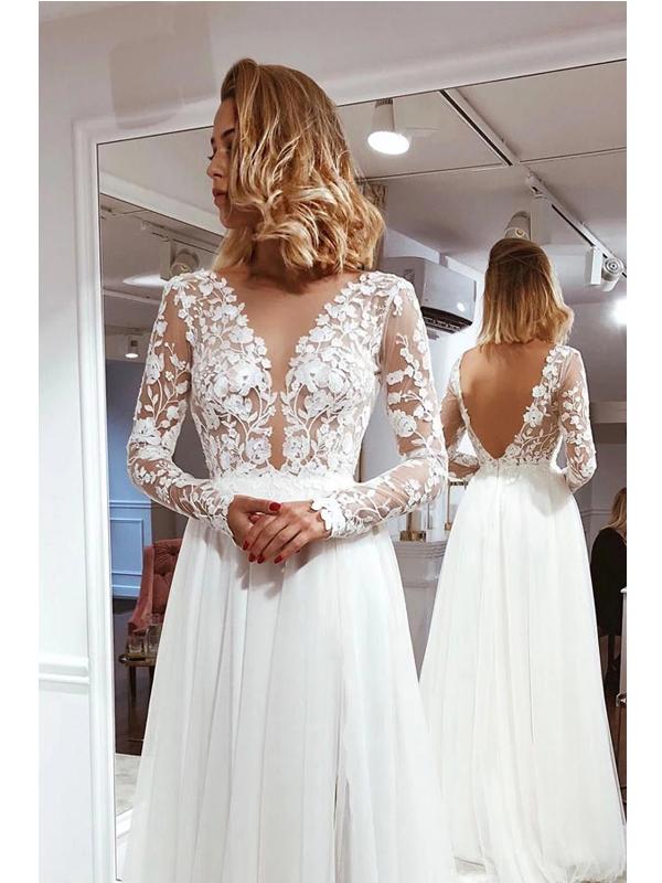 See Through Long Sleeves A-line V-neck Lace Wedding Dresses,WD768