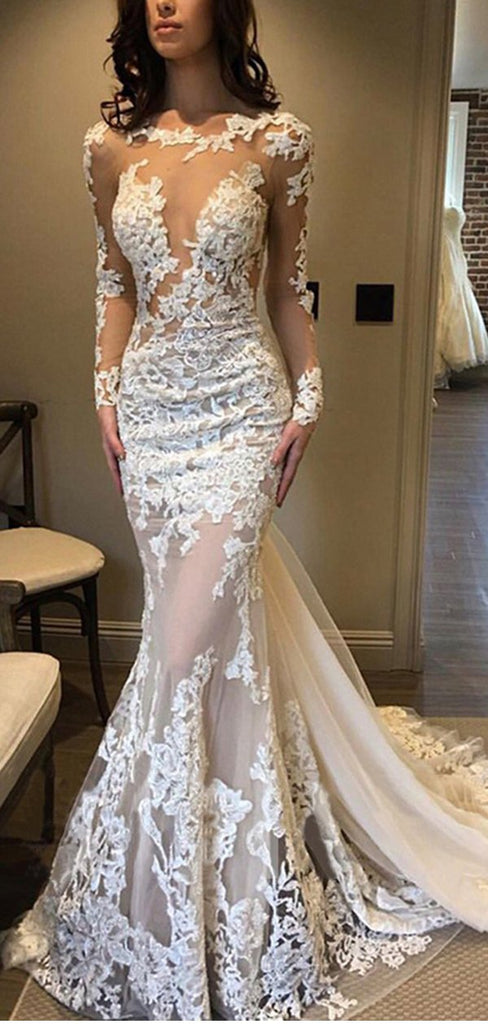 See Through Mermaid Long Sleeves Illusion Lace Wedding Dresses,WD766