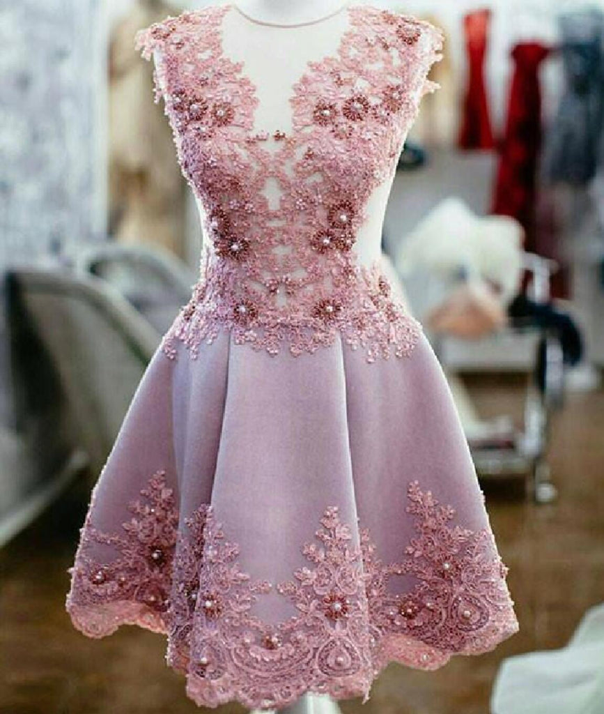 See Through Pink Lace Short Homecoming Dresses Online, CM676