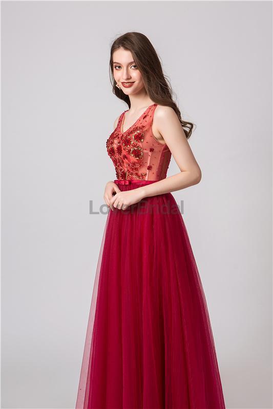 See Through Red Applique Evening Prom Dresses, Evening Party Prom Dresses, 12102