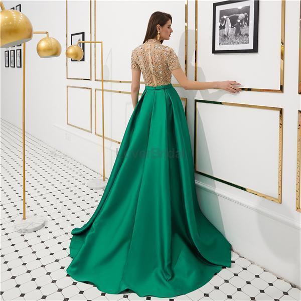 See Through Short Sleeves High Neck Beaded Evening Prom Dresses, Evening Party Prom Dresses, 12080