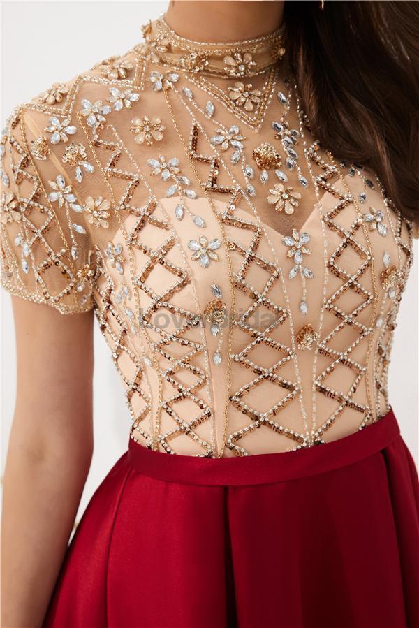 See Through Short Sleeves High Neck Beaded Evening Prom Dresses, Evening Party Prom Dresses, 12080