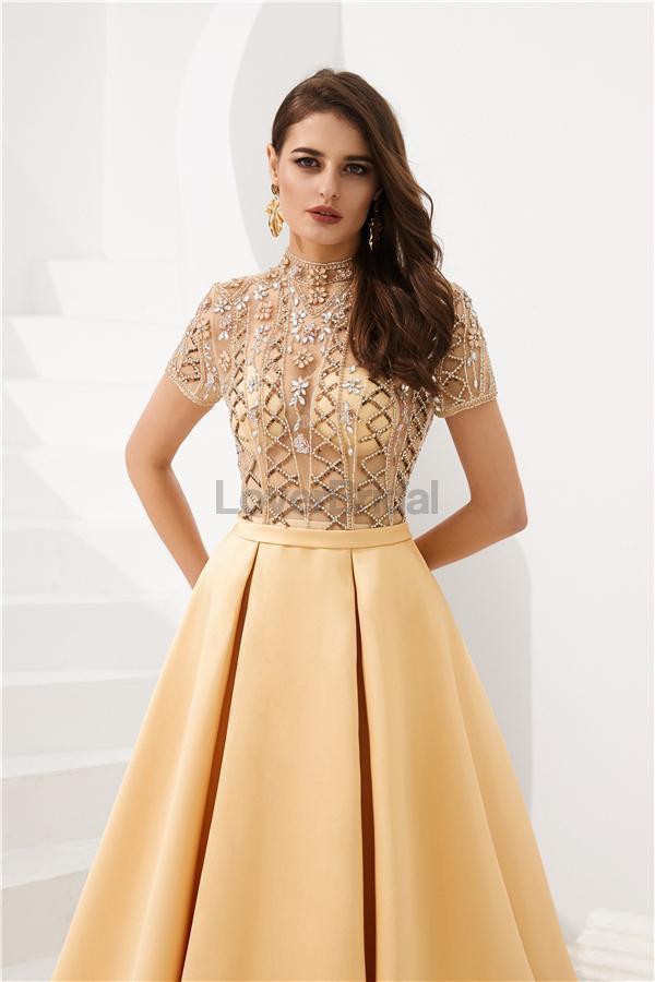 See Through Short Sleeves High Neck Beaded Evening Prom Dresses, Evening Party Prom Dresses, 12080
