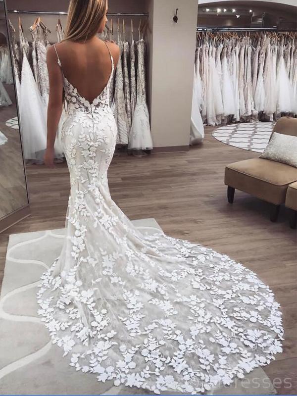 See Through Spaghetti Straps Lace Mermaid Cheap Wedding Dresses Online, Cheap Lace Bridal Dresses, WD470