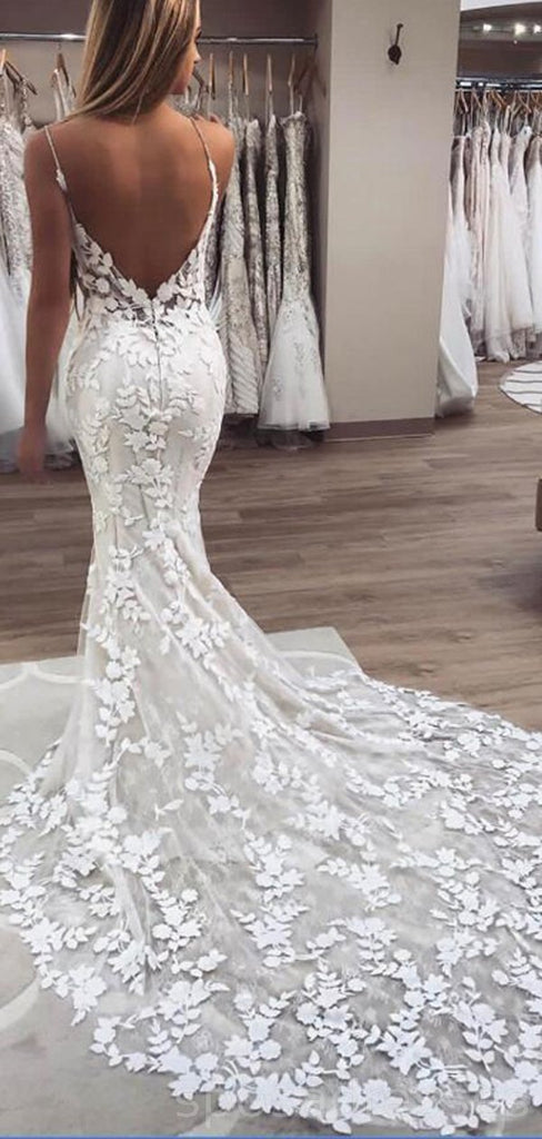 See Through Spaghetti Straps Lace Mermaid Cheap Wedding Dresses Online, Cheap Lace Bridal Dresses, WD470