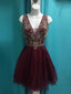 See Through V Neck Cute Beaded Maroon Homecoming Dresses 2018, CM499