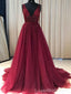 See Through V Neck Dark Red Beaded Long Evening Prom Dresses, Cheap Custom Party Prom Dresses, 18590