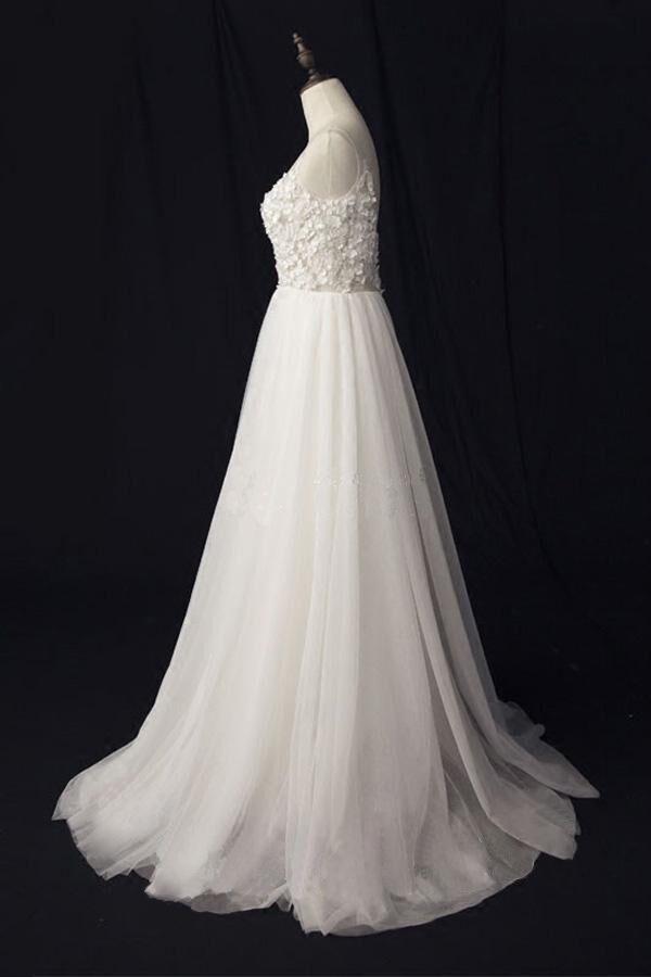 See Through V Neck Lace Cheap Custom A-line Long Wedding Bridal Dresses, WD290
