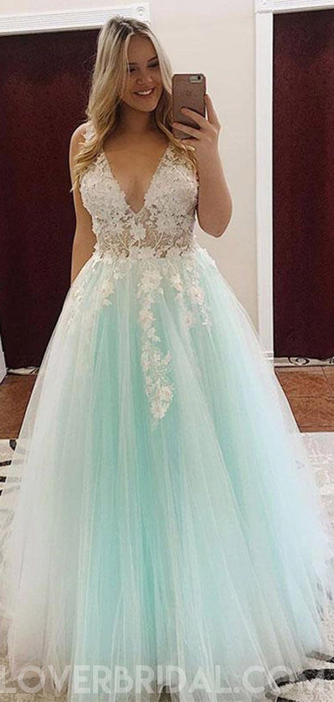 See Through V Neck Mint Lace Applique Long Evening Prom Dresses, Cheap Sweet 16 Dresses, 18424