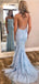 Sexy Backless Blue Lace Mermaid Scoop Long Evening Prom Dresses, Cheap Sweet 16 Dresses, 18380