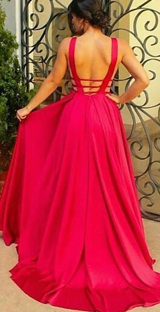 Sexy Backless Dark Red V Neck A line Long Evening Prom Dresses, 17458