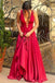 Sexy Backless Dark Red V Neck A line Long Evening Prom Dresses, 17458